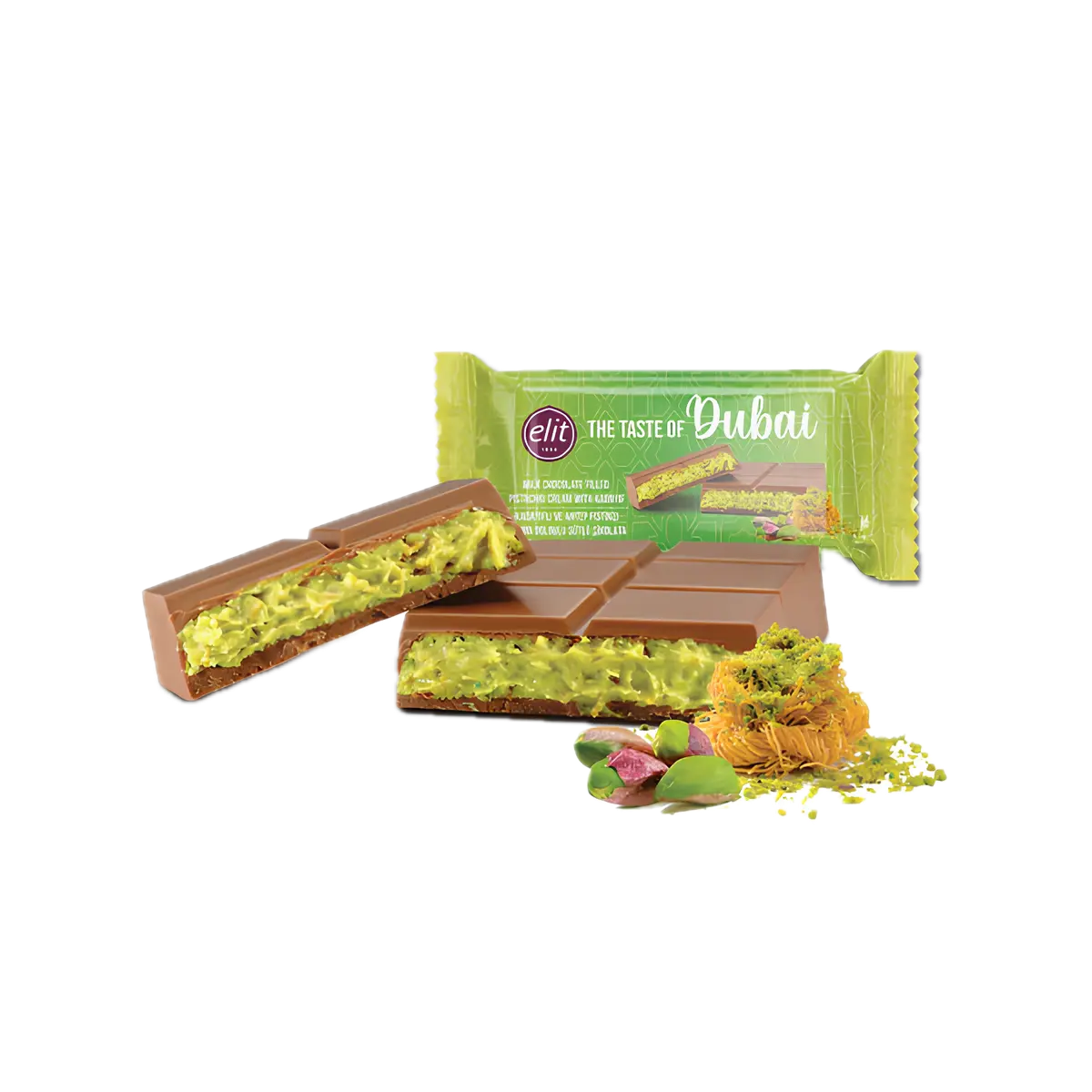 Dubai Milk Chocolate filled Pistachio Cream whit Kadayif (90g) Elit The Taste of Dubai